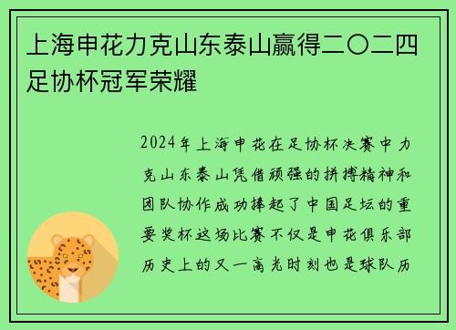 上海申花力克山东泰山赢得二〇二四足协杯冠军荣耀 上海申花力克山东泰山赢得二〇二四足协杯冠军荣耀